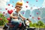 Placeholder: 3D video game characters, a short blonde haired man wearing eyeglasses, t-shirts and jeans riding a motorcycle , hungary, Budapest, hearts, waterfall, happiness