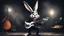 Placeholder: dark melancholic Bugs bunny deppressed doing music rock and roll dark heavy metal on a scene alcoholic, ciggaretes