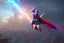 Placeholder: Supergirl flying over New York, with a rainbow on the sky.