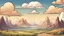 Placeholder: Background of land, plains and mountains, cartoon scene, cartoon drawing