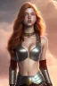 Placeholder: concept illustration, super-detailed, strikingly beautiful teen female, 16 years old, long ginger hair, medium freckles, full lips, full body, full face, b-cup breasts, athletic, centred camera, ignore NSFW, skimpy brown fantasy leather armor, halter top, micro thong, knee-high leather boots, open leather tasset, stern expression,