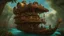 Placeholder: steampunk gipsy caravan crossed with a boat flying high over a jungle with platforms, verandas, and people, intricate