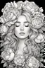 Placeholder: young woman, coloring page of a beautiful bouquet of peonies all around her face, her eyes are closed and dreaming peacefully, only her face shows, her face covered by the bouquet of peonies, use black outline with a black background, clear outline, no shadows, sketch colors, 4k, blond hair