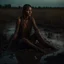 Placeholder: Beautiful female stringy dirty model partially covered with mud is sitting in the mud in a swampy moor, golden hour, an eerie apparition with a wolf appearing in the background, Highly detailed Portrait, 4k, 35mm, professional photography, natural light