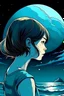 Placeholder: A cinematic poster a bob-haircut comic style girl profile emerge of the the ocean under moon night