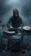 Placeholder: A drums player in a band are tied to their musical instruments ,surrealism of the dark of a nightmare ten miles high and six foot deep, hyper photorealistic, hyper detailed dark art color, high resolution, fog, octane render, tilt shift, HDRI Environment, all pictures dark gray