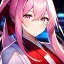 Placeholder: Clear focus, 8k, beautiful lighting, vibrant colors, girl, pink long hair, vibrant pink eyes, miko, ponytail, hair in between the eyes, up close,