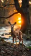 Placeholder: A beautiful baby dear standing in wood with a huge trees , river stream in the middle , behind the tree dim light of the sunset,