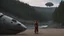 Placeholder: A long-haired woman in a catsuit standing on a beach of a rocky landscape with a crashed spaceship in the distance, with a forest beyond