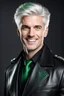 Placeholder: plauge doctor in balck leather coat and suit with silver hair, pale skin and bright green eyes smiling with sharp teeth, nice young face, male, viscious smile