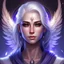 Placeholder: Generate a dungeons and dragons character portrait of the face of a beautiful female cleric of peace aasimar blessed by the goddess Selune. She has white hair and is surrounded by moonlight. She has lilac eyes. She has some white feathers hanging from the lower part of her hair. She has a youthful face.