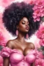 Placeholder: Create an watercolor image of a curvy black female wearing a pink off the shoulder blouse and she is looking down with Prominent makeup. Highly detailed tightly curly black afro. Background of large pink and black flowers surrounding her