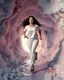 Placeholder: make a picture pretty crystal cave covered with jwells and 3d recursive cubic and sphere base pearls and Gemstone species, a beautiful goddess lady with curvy hair,makeup, in pretty modern today pants and loose shirt and sport shoes with jewels is running inside cave ,dynamic camera fallow her inside cave capturing full body, dynamic lights.