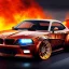 Placeholder: sweeping view of detailed phong shaded rendering of a car made of molten lava, headlights, bumpers, whole car