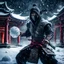 Placeholder: Hyper Realistic Photographic View Of A Handsome Muscular Ninja in his Traditional attire unleashing & attacking with frozen-ice-balls outside a dark abandoned Chinese Temple Ruins at dark heavy snowfall night with dramatic lighting & cinematic ambiance.