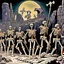 Placeholder: Stop motion animation, vintage animation art of an army of seven warrior skeletons from Jason and the Argonauts, ancient landscape, fantasy adventure, gothic warfare, cartoonist illustration, luminous, comic book style drawing in the style of Ray Harryhausen, Darren G. Davis, Scott Davis, airbrush 90s art, graphic novel, highly detailed, mythological fantasy, epic saga,