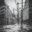 Placeholder: An empty carpark on a misty day. Telegraph poles and wires. Muted tones. Tilted horizon. With blotches, blurry areas and lens noise and grain. Hyper realistic Photo 4k