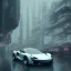 Placeholder: a white Mclaren in bladerunner 2049 city in the rain