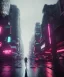 Placeholder: circular white moon, 3D, beautiful, light reflecting, empty city, midnight, rainy night, neon, cyberpunk, person walking