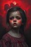 Placeholder: Bosch painting style nightmare, a baby girl portrait with, a red light reflecting .red background all are red cloudy stormy with thunder in the background with half moon.