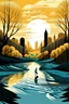 Placeholder: Una persona escpando de una gran ciudad, de los problemas, de la rutina, en un paisaje de rios y sol y arboles, reflexionando.