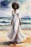 Placeholder: Create an urban culture watercolor painting of a beautiful thick black female wearing a soft white maxi dress and a white hair wrap. Prominent make up with lush lashes. Highly detailed tightly curly afro. Background of her walking in the sand by the ocean.