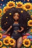 Placeholder: A sassy thick-lined oil painting cartoon black chibi girl lounging lazily on her side, surrounded by colorful flower petals. She is in the middle of the astrological Leo symbol with Prominent makeup. Highly detailed tightly curly black afro. Background of large yellow sunflowers surrounding her . Looking up coyly, she grins widely, showing sharp lion teeth. Her poofy hair forms a mane framing her confident, regal expression.