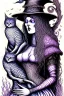 Placeholder: Friendly witch, playing with cats, perfect iris, ink and pencil, pastel colours, style H.G. Giger