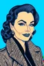 Placeholder: 1950s cartoon hero portrait of a famous brunette actress wearing fur and looking luxurious