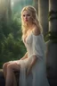 Placeholder: young woman small in stature Her features were soft, and her blonde hair framed her petite face.she wore was a thin white nightdress, which ended just above her knees. green/blue eyes. realistic 4k fantasy