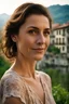 Placeholder: Create a realistic photograph of a small Italian town at Como Lake in late spring with a portrait of a 40-year-old, beauty, slim Polish woman with brown hair. Use a 30 mm lens and a Fuji T30 camera, mild light, warm, golden hour.