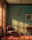 Placeholder: Room scene with sit woman, Wes Anderson styler, realistic photo, concept art, smooth, unreal engine 5, god lights, ray tracing, RTX, lumen lighting, ultra detail, volumetric lighting, 3d.