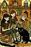 Placeholder: Act like a book cover designer. Use folk art style. Grimmy black cat and a group of three teenagers (13-15 years old) - two brothers with ginger hair and frickles with a brown-haired girl. Environment: old town.