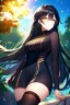 Placeholder: girl, masterpiece, best quality, cinematic lighting, detailed outfit, vibrant colors, perfect eyes, black hair, golden eyes, long hair, thigh highs, outdoors, black stockings,