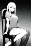 Placeholder: blonde girl speaks sitting on a chair, grayscale