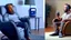 Placeholder: man sitting ALONE in his lazy boy chair at home argues with his AI clone on the phone