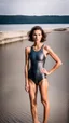 Placeholder: beautiful anorexic young woman, total shot, short shiny anthracite triathlon swimsuit, short brunette wavy bob hair, blurred beach background