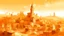 Placeholder: A light rosy orange colored city with a tower designed in Lascaux cave paintings painted by Alejandro Xul Solar