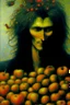 Placeholder: composition hair fully in focus full shot fine detailed oil painting portrait of a man with apples by artist "Zdzisław Beksiński"