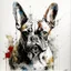 Placeholder: A minimalist portrait of a French bulldog by Ryan Hewett , willem haenraets, watercolor, wet on wet and splattering techniques, centered, perfect composition, abstraction, surrealism