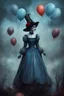 Placeholder: Lovecraftian, a Malevolent looking Mary poppins ((reimagined as a scary looking witch)), banshee like folklore, gothic horror, (decaying skin), horrid, dark palette, digital oil painting ((floating in the sky with a bunch of color balloons)), dressed in a light blue vintage Victorian dress, unsettling, eerie vibes, ominous art, nightmarefuel, by [Wayne Barlowe and Dariusz Zawadzki], wretched horror, moody and atmospheric, haunting, dystopian surrealism, fantasy horror art, highly detailed, intri