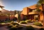 Placeholder: A 2 floor nursing home immersed in a botanical garden, luis barragan style, in an urban area, mountain and desert - like environment, architectural photography, golden hour