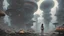 Placeholder: worms-eye view of a woman in a silver robotic catsuit standing in a futuristic derelict alien city with mushrooms with tentacles floating in the sky, Ian McQue