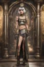 Placeholder: full body and headshot of a skinny Cleopatra, with a silver bob hairstyle, standing in a steampunk setting.