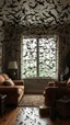 Placeholder: A room with furniture full of thousands of bats everywhere few on a the walls , ceiling, on the couches and furniture coming all from broken glass of the window