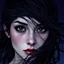 Placeholder: digital fantastical photography, Joe Fenton detailed illustrative style, woman with dark hair being dramatically blown across her freckled face with eyes that are completely black; black and purple and midnight blue color palette, liminal oncology