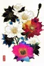 Placeholder: A mesmerizing watercolor masterpiece that redefines floral art, showcasing a harmonious blend of vibrant colors. Each blossom is accentuated with a thin black or white ink outline, creating a formal linear design. The artist's vision shines through of the design meticulously drawn in gold ink and embellished with glitter, adding an element of opulence to the piece. Influenced by Ukiyo-e and presented in a poster-like format, this captivating work of art is both mysterious and enchanting, transpo