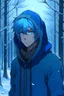 Placeholder: Anime Junge mit seitenscheitel und blauen Haaren und ein paar Bartstoppel und braune Augen in einem verschneiten Wald mit schwarzen Kapuzenpulli