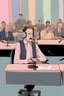 Placeholder: A simultaneous interpreter is sitting at a table with headphones with a microphone at a foreign briefing, the background is blurred, everything is in pastel colors,