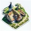 Placeholder: aerial view of a digital artwork of a medieval farm house as a sticker